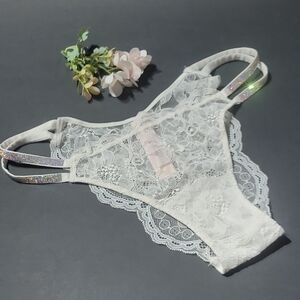 VICTORIA'S SECRET White Lace RhinestonesBrazilian Slip NWT 2143